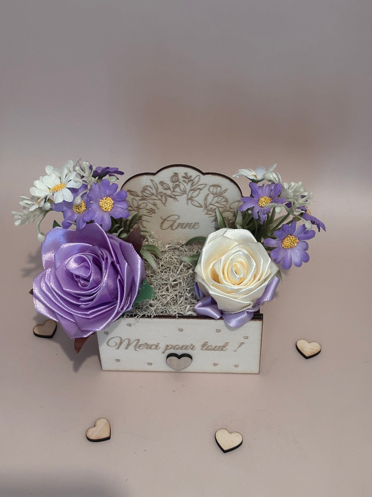 Boîte fleurie “Merci pour tout !” – Cadeau personnalisé avec prénom & bijou surprise