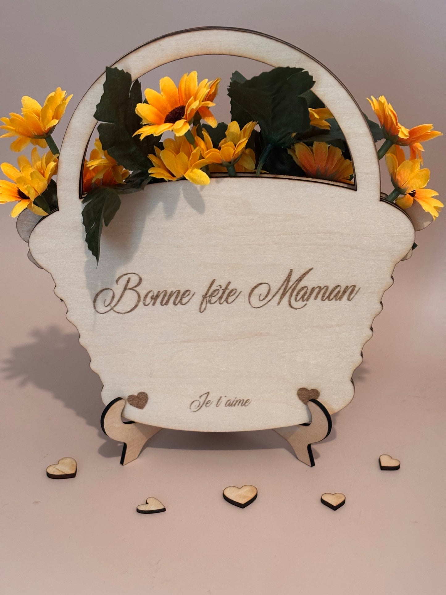 Panier fleuri en bois – gravure personnalisée - Fête des Mères