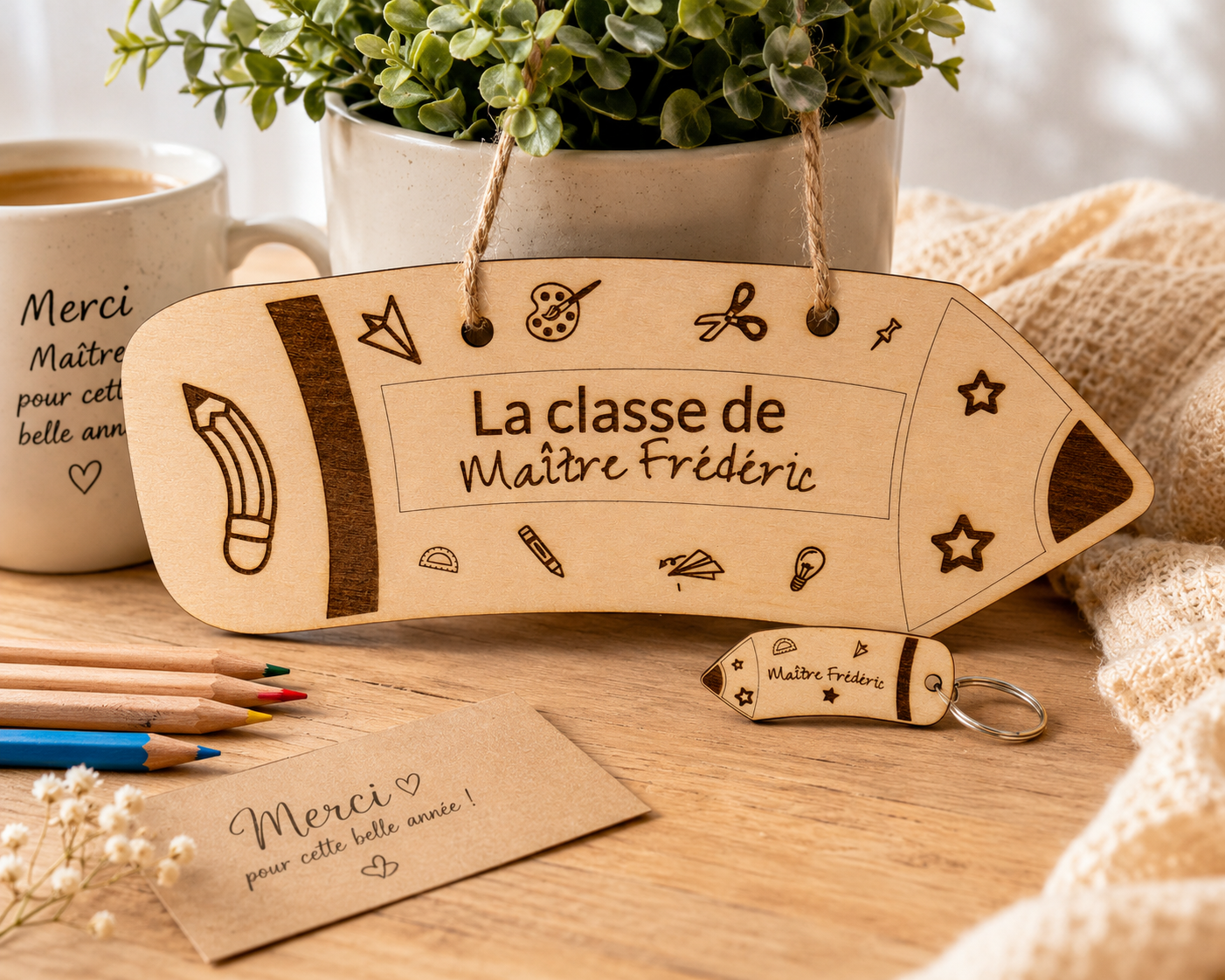 Plaque de porte “crayon” + porte-clés assorti – Cadeau maîtresse