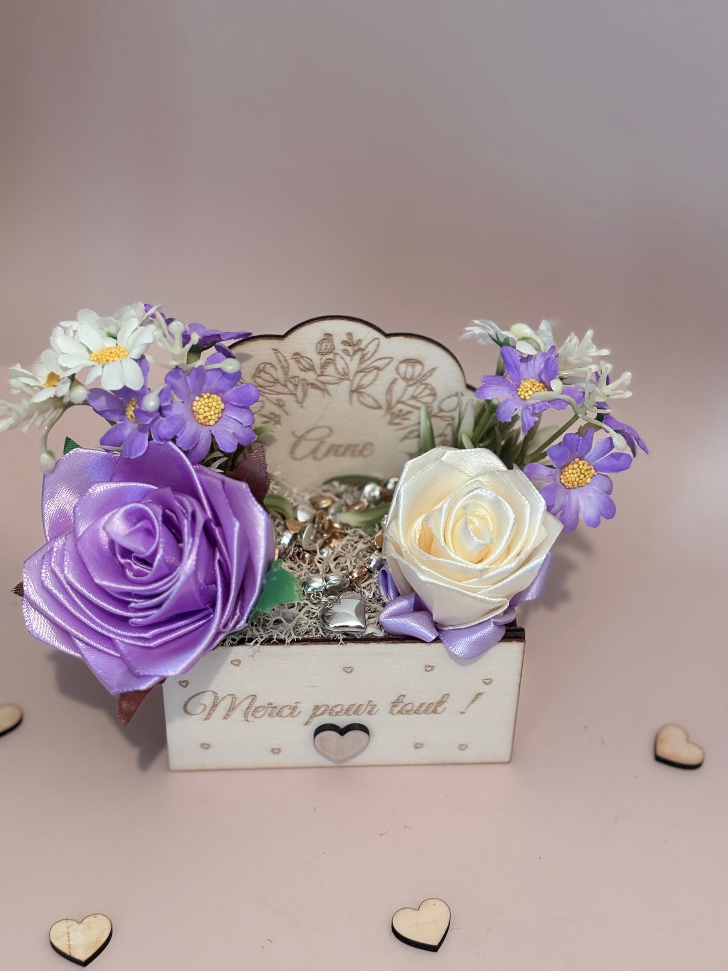 Boîte fleurie “Merci pour tout !” – Cadeau personnalisé avec prénom & bijou surprise