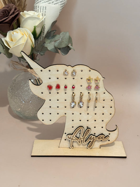 Présentoir à Boucles d’Oreilles Licorne en Bois – Personnalisé avec Prénom – Rangement Bijoux Enfant