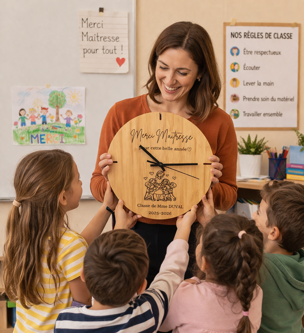 Horloge personnalisée maîtresse – cadeau fin d’année scolaire
