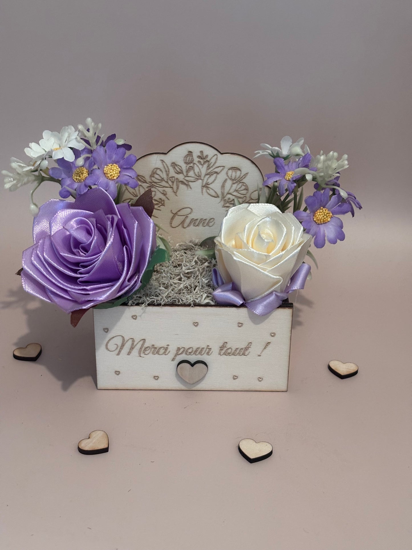 Boîte fleurie “Merci pour tout !” – Cadeau personnalisé avec prénom & bijou surprise