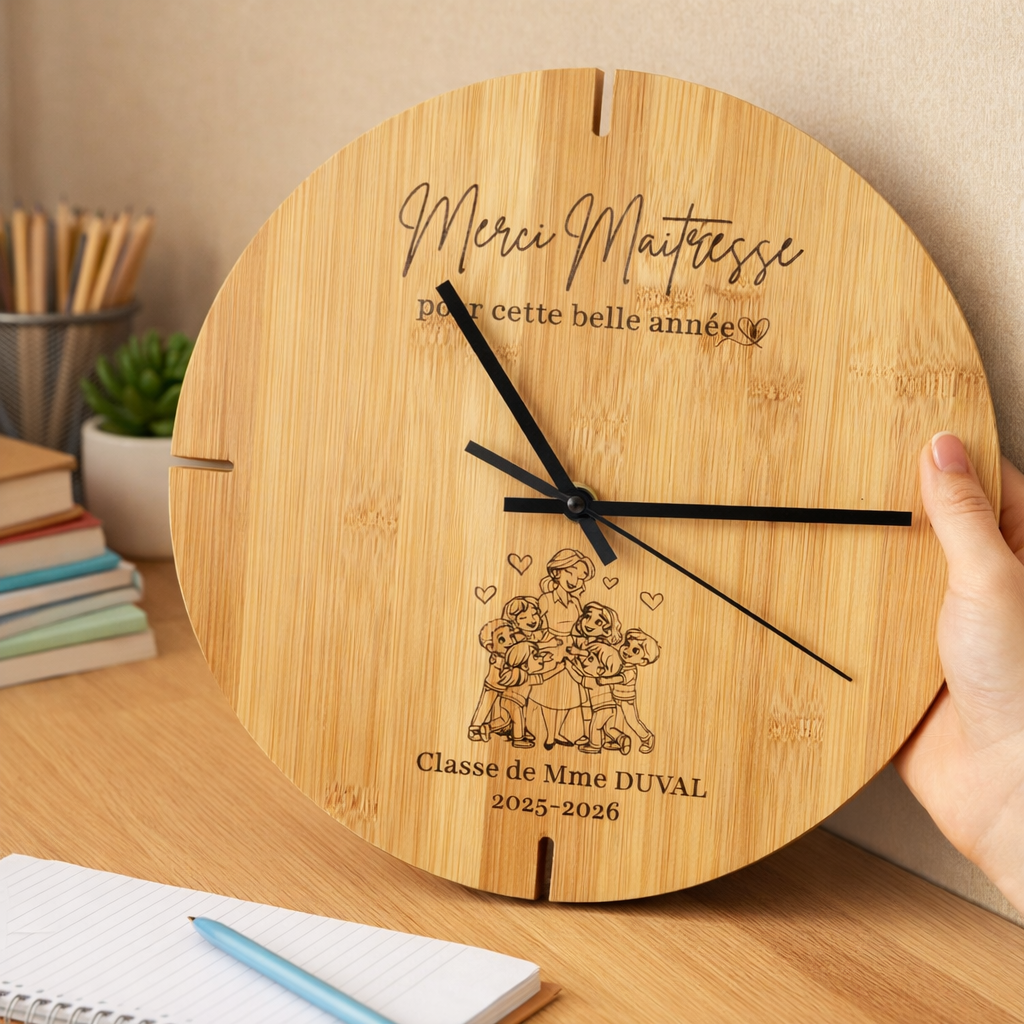 Horloge personnalisée maîtresse – cadeau fin d’année scolaire