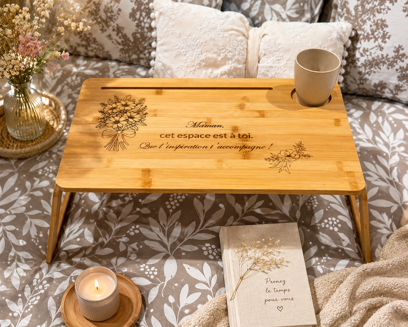 Plateau de lit en bambou – Gravure personnalisée