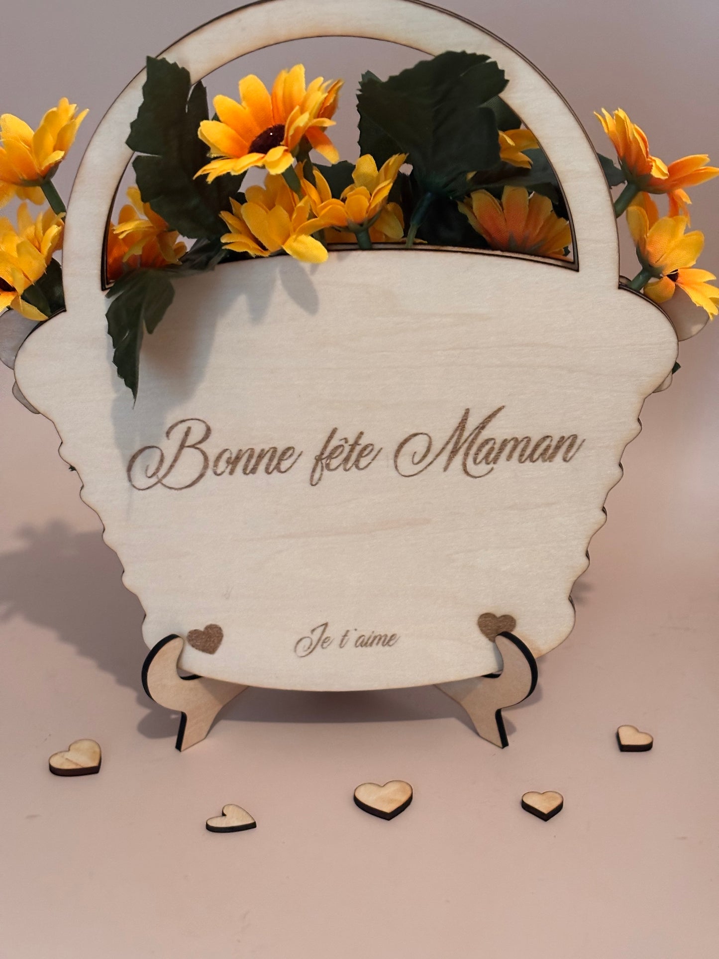 Panier fleuri en bois – gravure personnalisée - Fête des Mères
