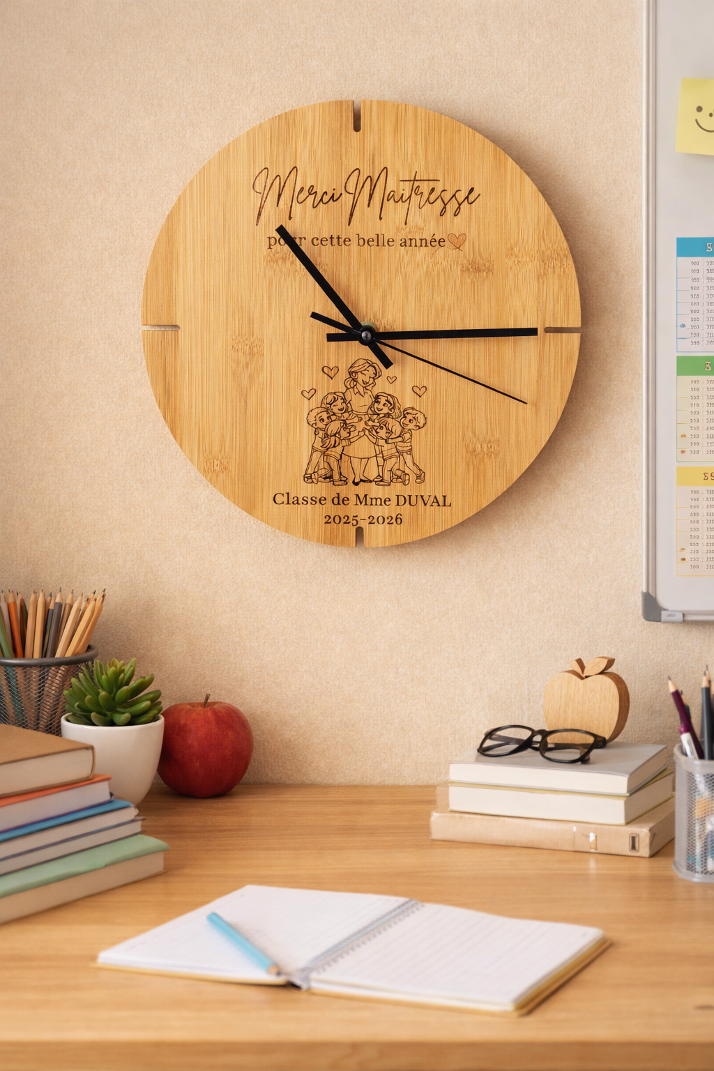 Horloge personnalisée maîtresse – cadeau fin d’année scolaire