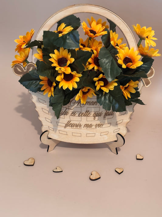 Panier fleuri en bois – gravure personnalisée - Fête des Mères