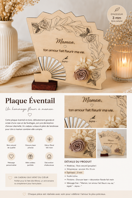 Plaque mot doux en forme d’éventail en bois - touche fleurie et support - spéciale fête des mères