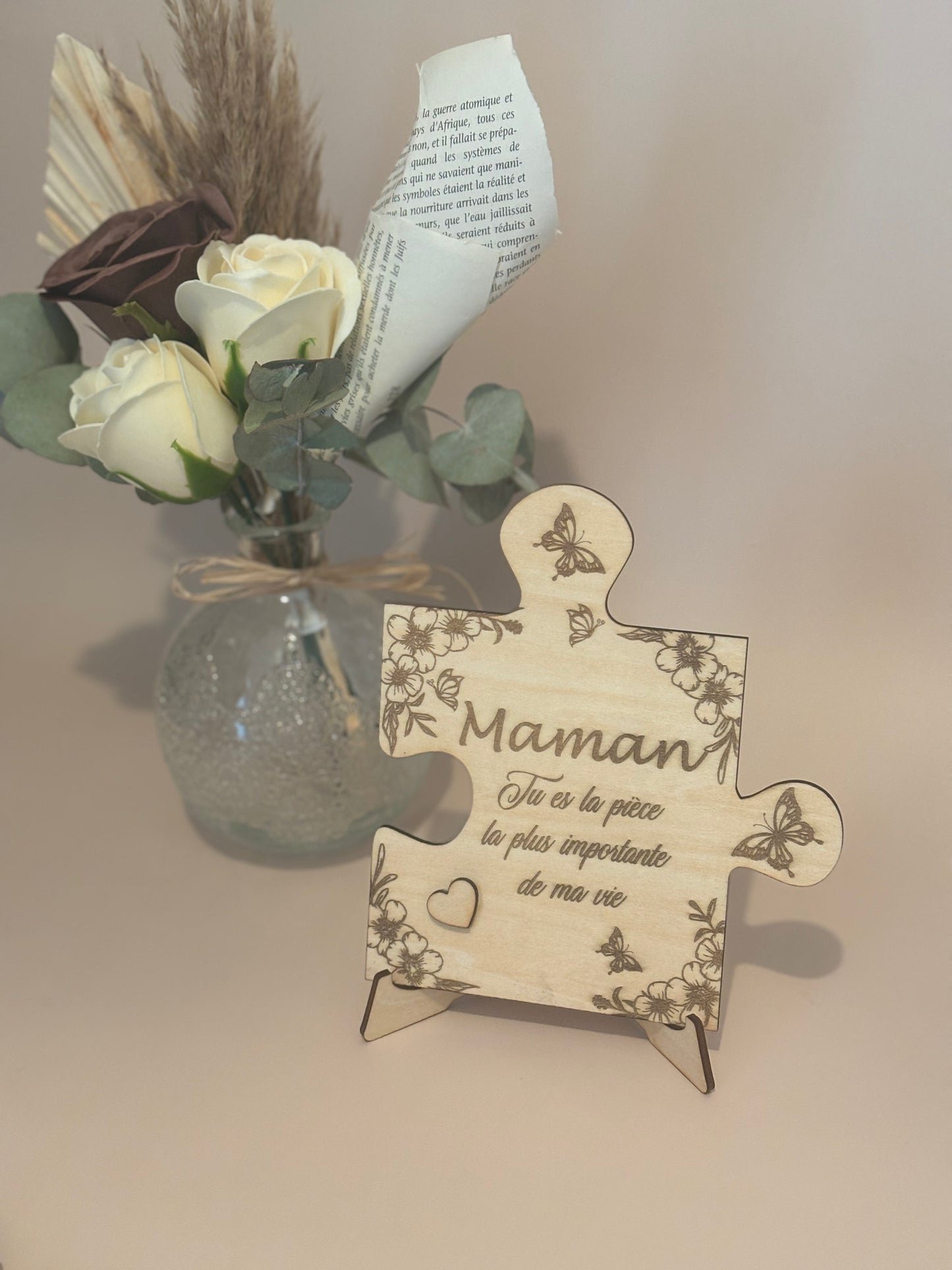 Pièce de puzzle en bois – Message gravé pour Maman