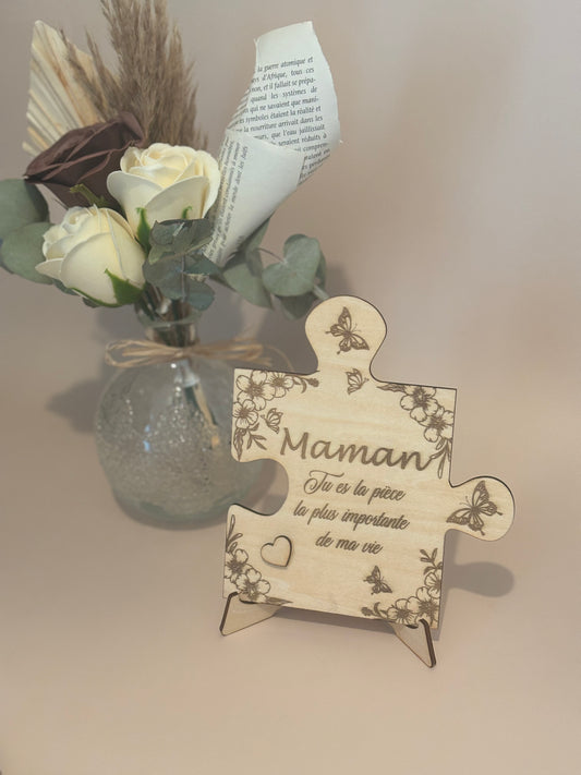 Pièce de puzzle en bois – Message gravé pour Maman