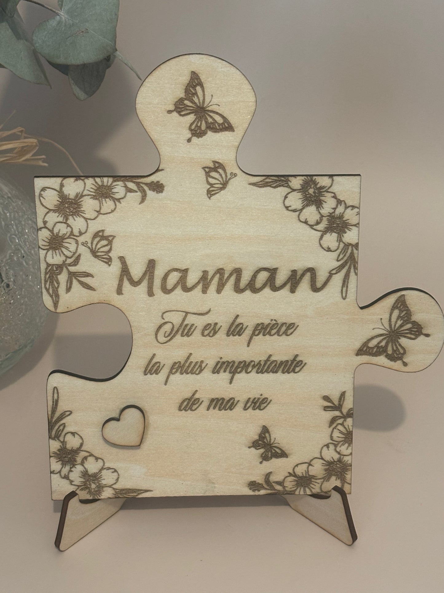 Pièce de puzzle en bois – Message gravé pour Maman
